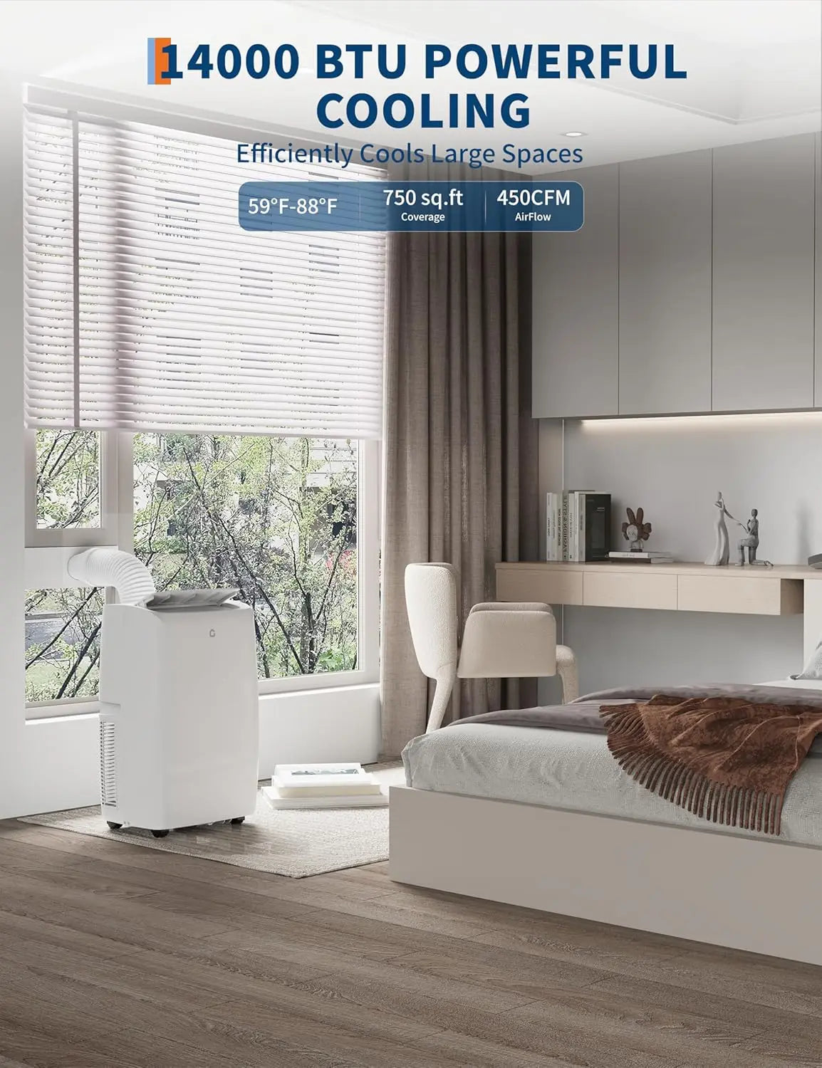 14000 BTU Portable Air Conditioner, Quiet Portable AC Unit with Fan & Dehumidifier, Cooling Cools Room up to 750 sq.ft,
