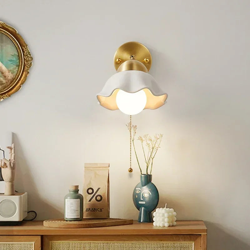 2025Pull Chain Switch LED Wall Light Fixture Reading Dining Room Porch Nordic Copper Simple Art Bedside Lamp Lamparas De Pared