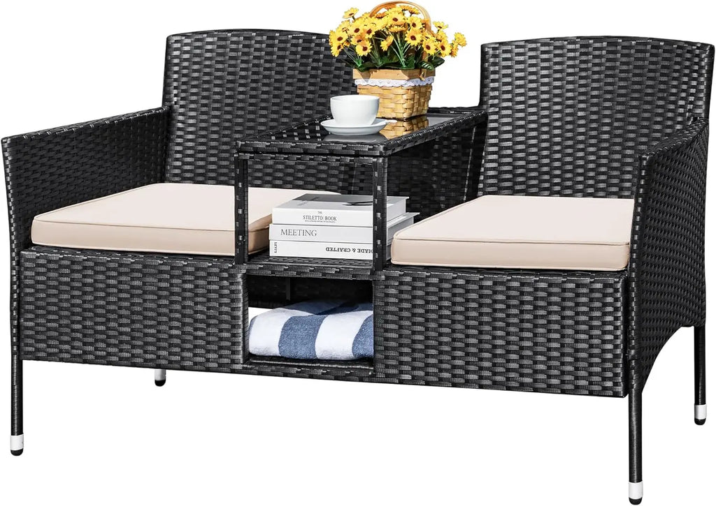 Outdoor Patio Loveseat Modern Rattan 2-Seat Patio Conversation Set with Cushions & Built-in Coffee Table Porch Furniture for Gar