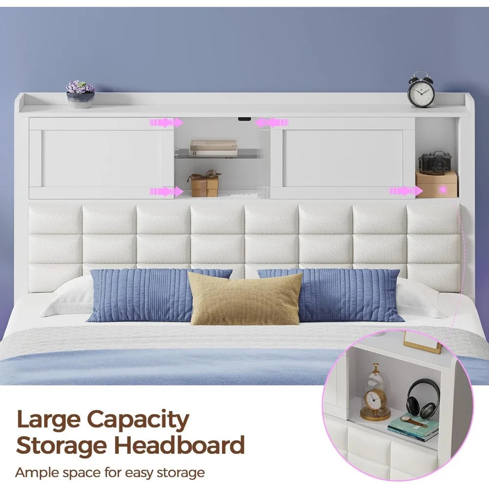 LED Twin Size Bed Frame with Charging Station, Platform Beds with Wooden Slats, No Box Spring Needed, Noise Free, Bed Frame