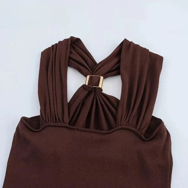 TRAF New Halter Tops Fashion Metal Decoration Crop Top Woman 2025 Sleeveless Hanging Collar Short Tops For Women Sexy Party Top