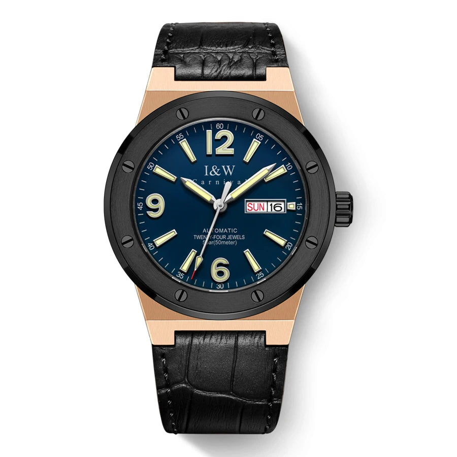 I&W Mens Luxury Watches 42mm Automatic Mechanical Wristwatch 50M Waterproof Luminous Leather Strap Sapphire Dual Calendar
