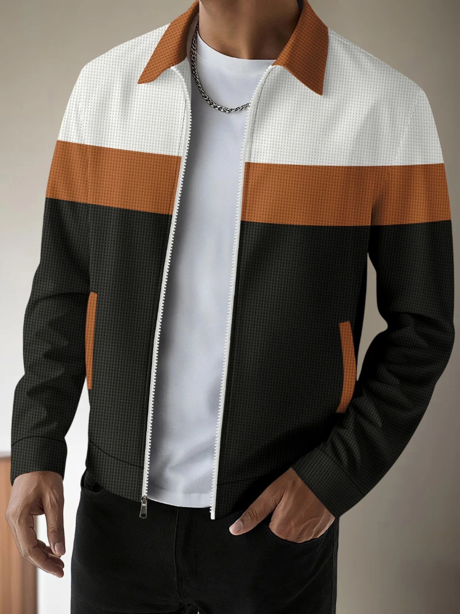 Men s Casual Lapel Collar Zip Up Jacket with Patchwork Design Pockets and Stylish Outerwear for Fall Fashion