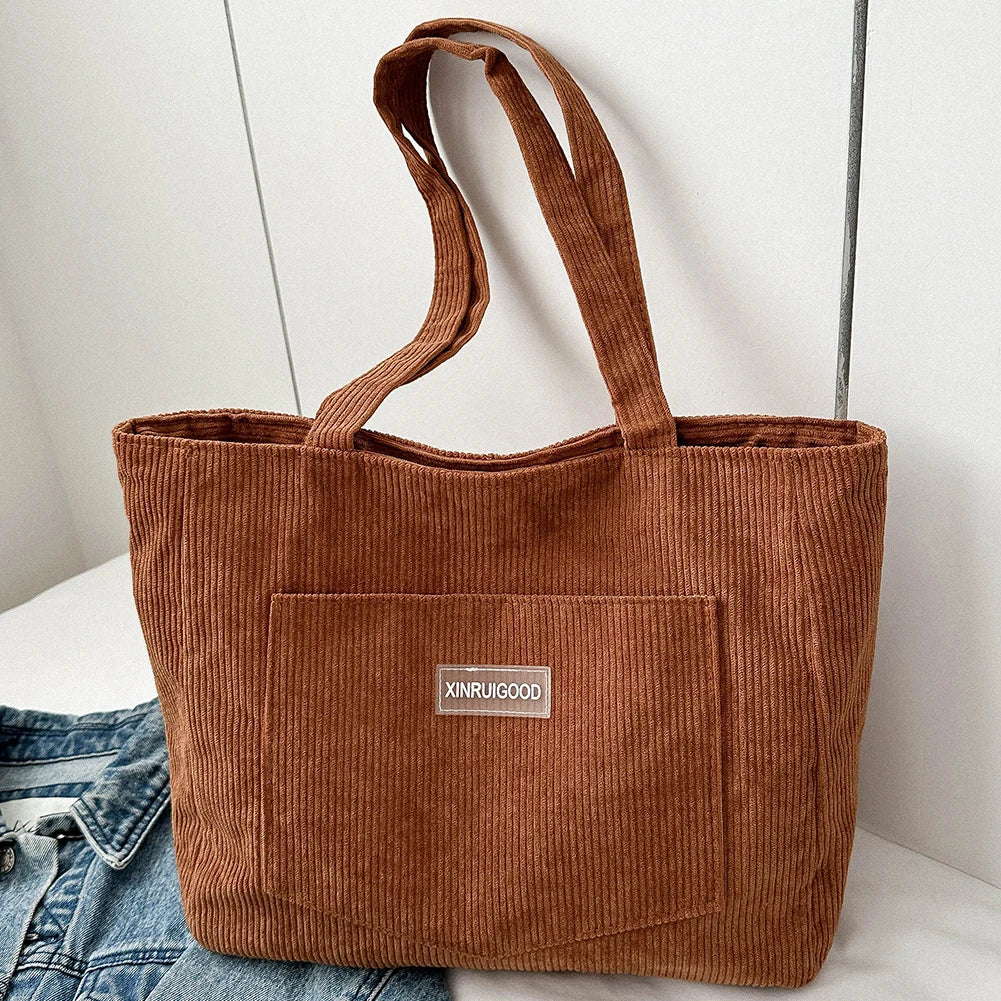 Women Large Capacity Shoulder Bags with Pockets Compartments Cord Tote Bag Solid Hobos Bag for School Work Shopping