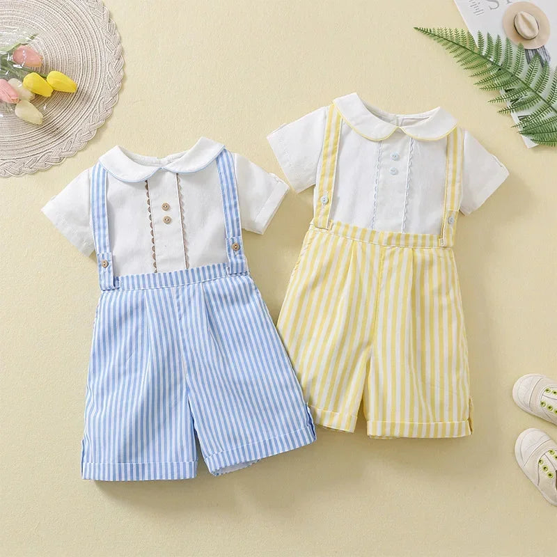Baby Boys Birthday Outfit 2Pcs Set Short Sleeve Shirt + Striped Suspenders Pants Toddler Summer Clothes Formal Suit Gentleman