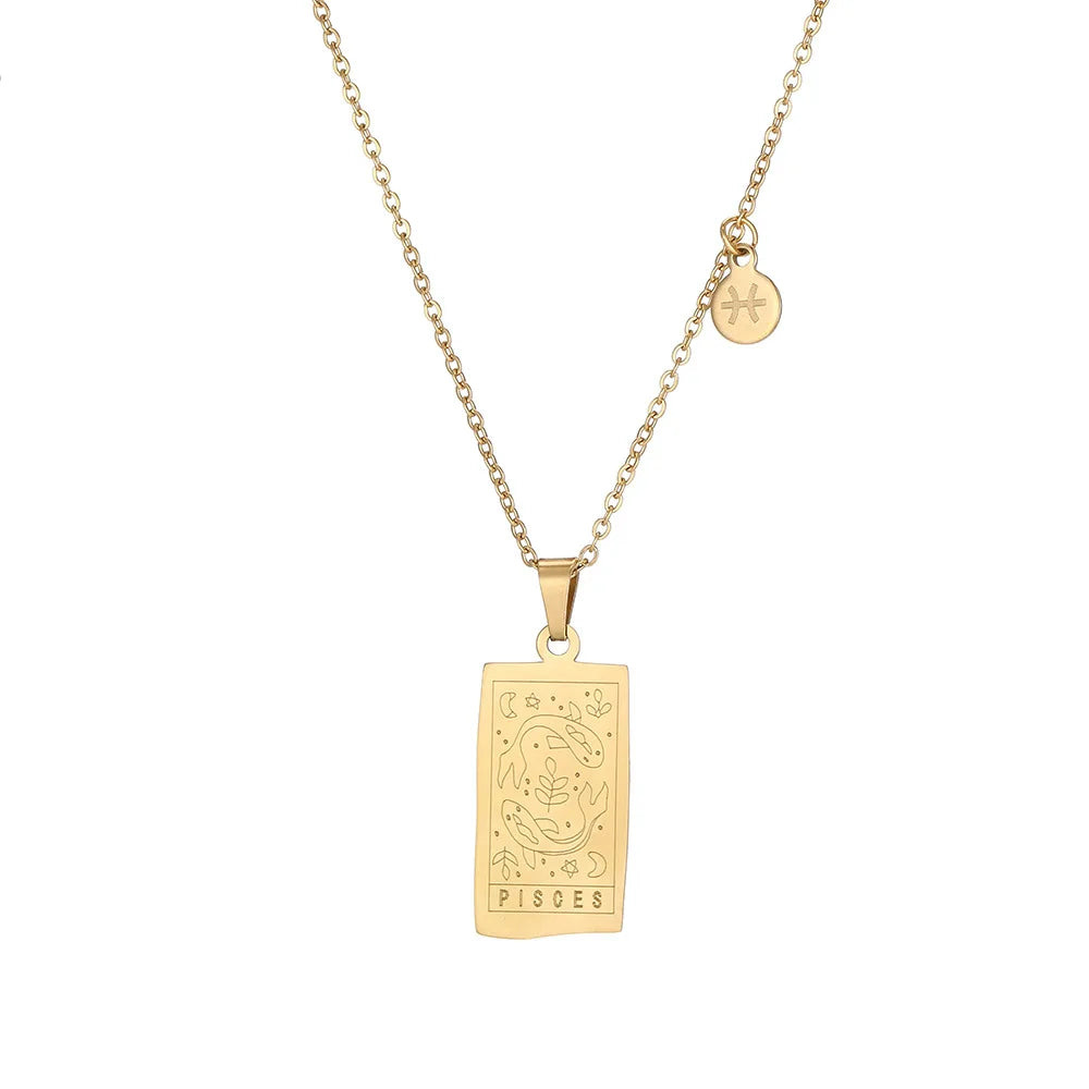 Stainless Steel Square Tarot Card Pendant Women Necklace Twelve Constellations Gold-Plated Clavicle Chain Horoscope Gifts