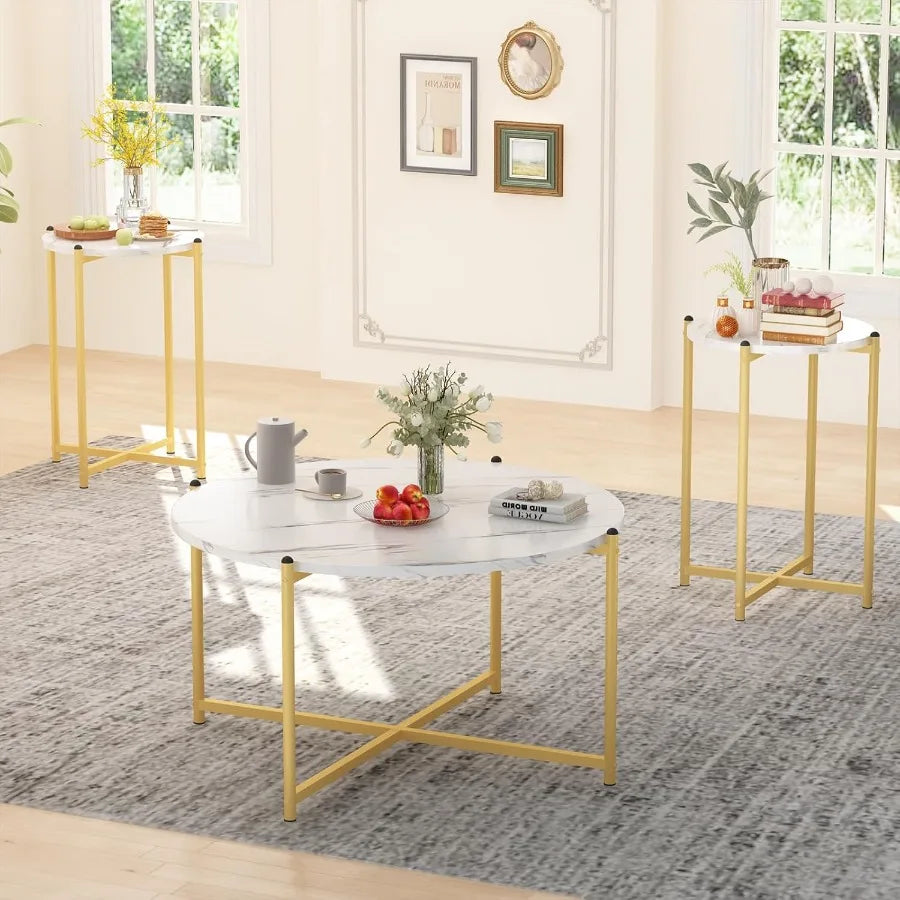 Coffee Table Set of 3Modern Faux Marble Top with Golden Frame 1 Coffee Table 2 Accent Table Living Room Table Set for Apartment