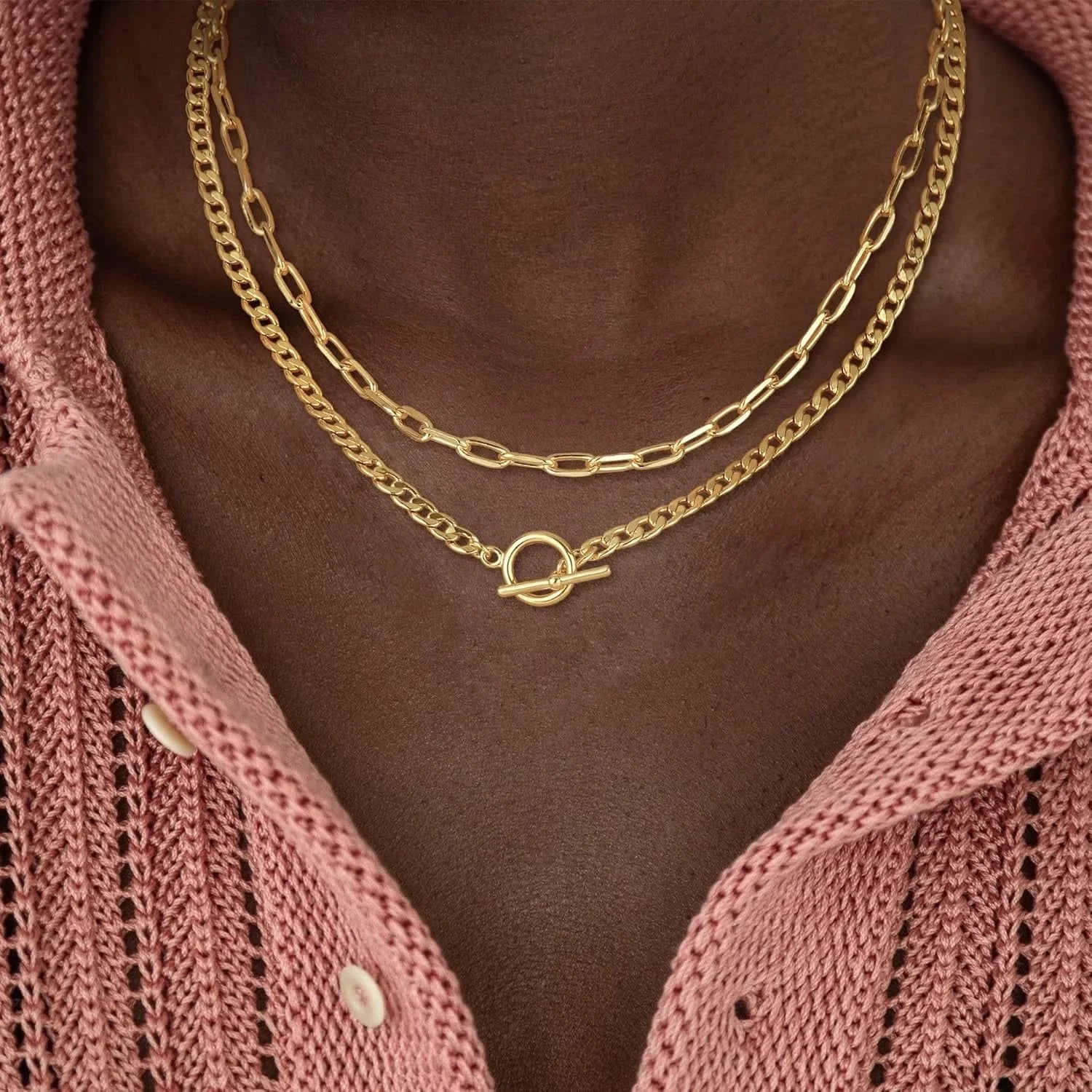 Gold Layered Necklace for Women K Gold Plated Necklace Women Cuban Link Paperclip Chain Toggle Clasp Necklace Jewelry for Women