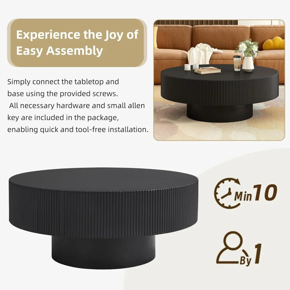 31 inch modern round coffee table with sturdy base, wood center tables for living room reception room, easy assemble, black