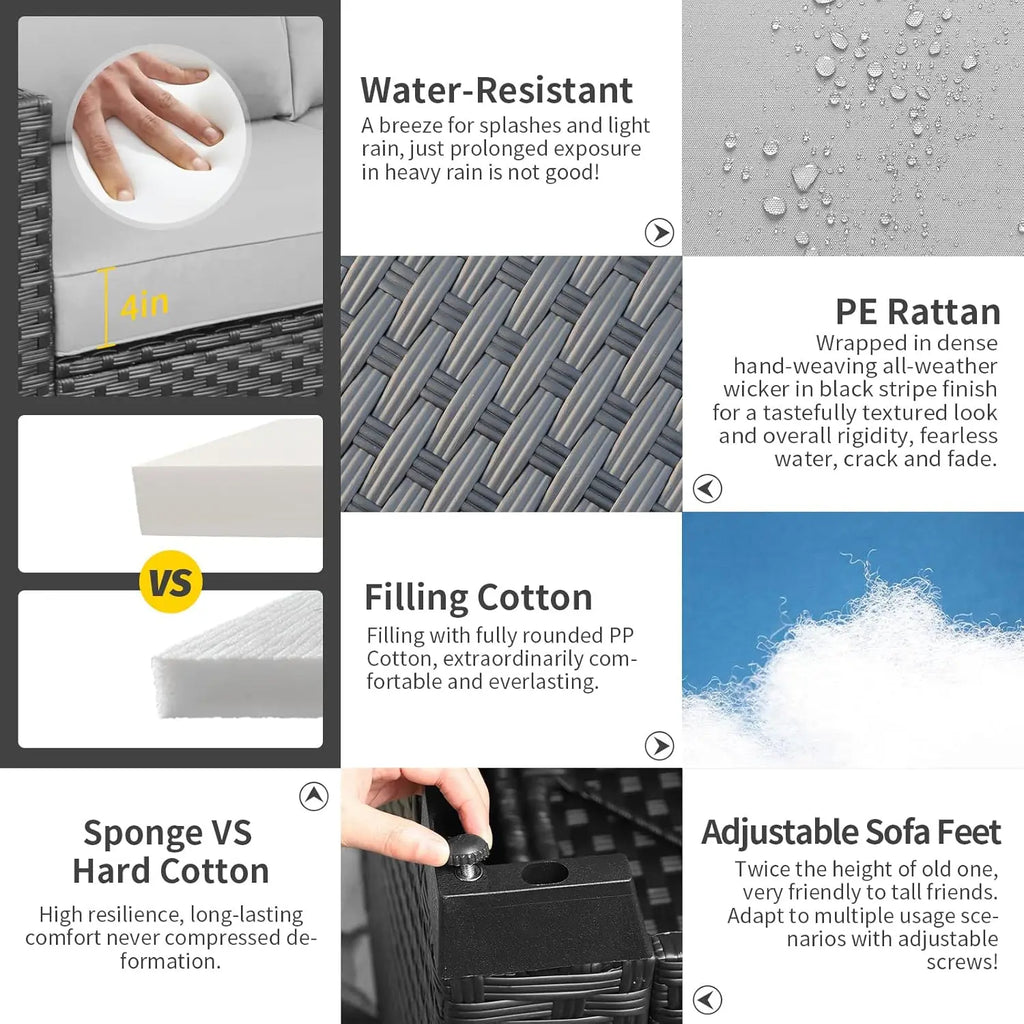 Patio Wicker Furniture Set 6 Pieces Outdoor HDPE Wicker Conversation Couch Sectional Chair Sofa Set with Grey Cushions