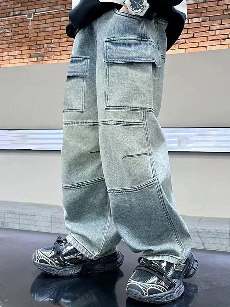 Loose-fit, wide-leg, long straight-leg jeans in washed light blue for teenage boys