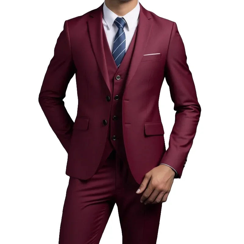 Suit (Blazer+ Vest + Trousers) Men's Fashionable Gentleman Business British Style Solid-color Banquet Host Casual Wedding Suit