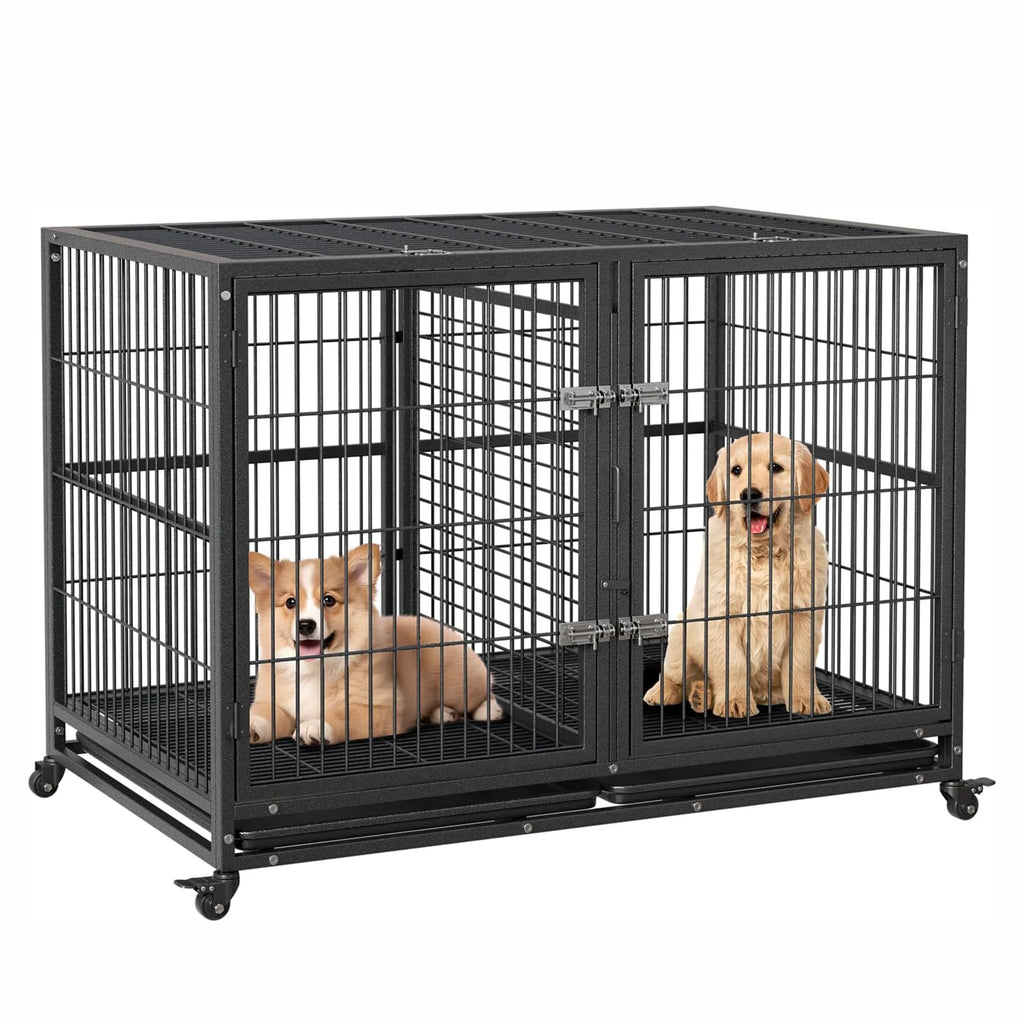 Heavy Duty Dog Crate Large Metal Dog Kennel with Roof Top 2 Door Dog Cage House with Removable Tray and Wheels for Large Dogs