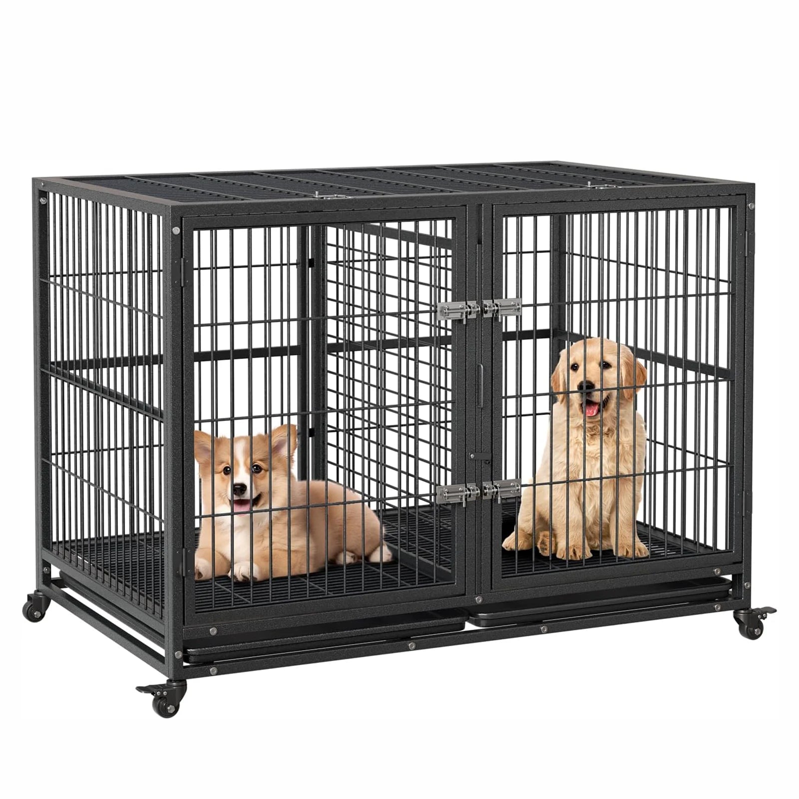 Heavy Duty Dog Crate Large Metal Dog Kennel with Roof Top 2 Door Dog Cage House with Removable Tray and Wheels for Large Dogs