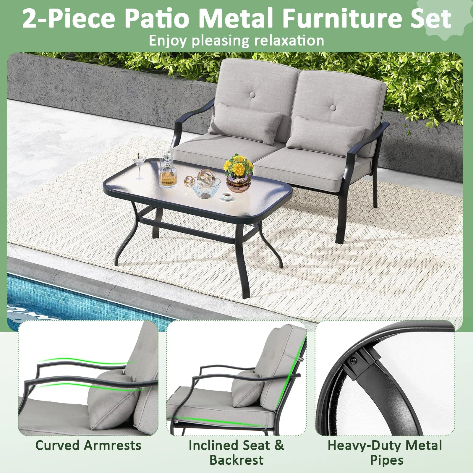 2 PCS Patio Furniture Set Outdoor Loveseat Chair Coffee Table Cushioned Seat