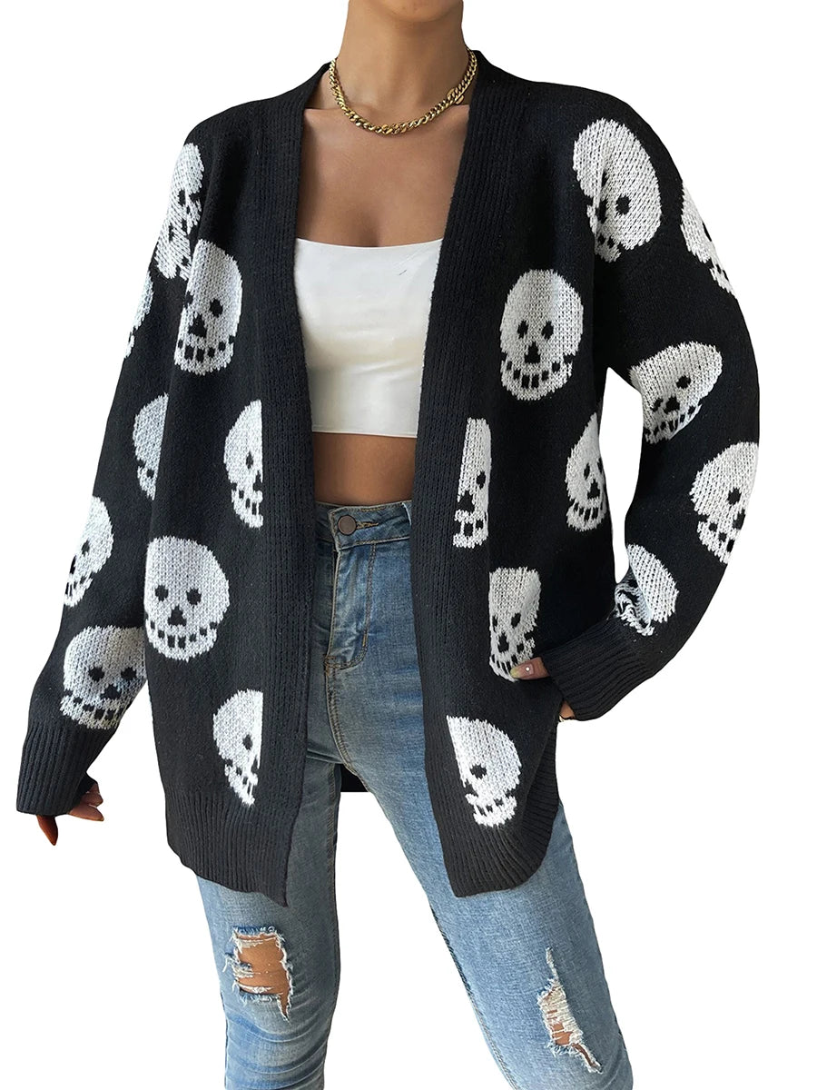 Women s Halloween Casual Knit Cardigan Long Sleeve Open Front Skull Print Knitwear Sweater