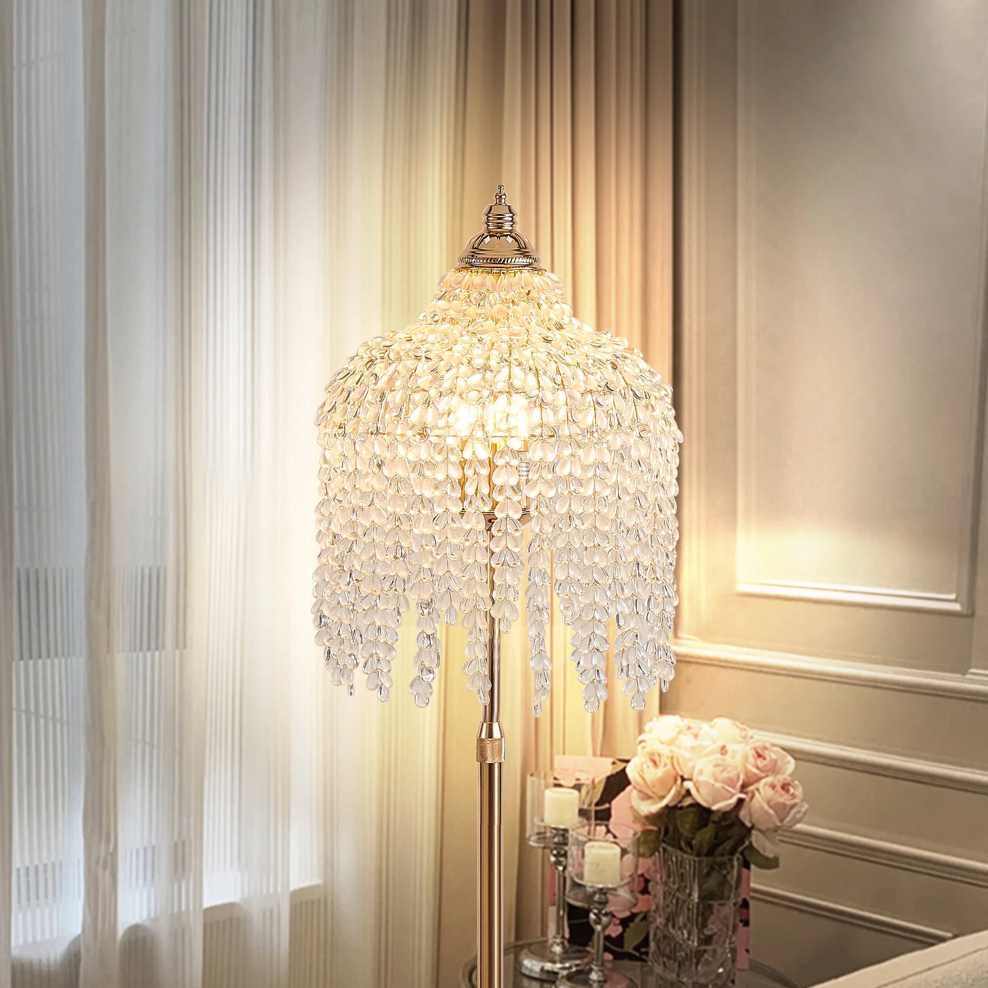 ARLGSITE 3-Light Elegant Crystal Floor Lamp Vintage Waterfall Design with Crystal Bead Strings and Marble Texture Base (No Bulb)