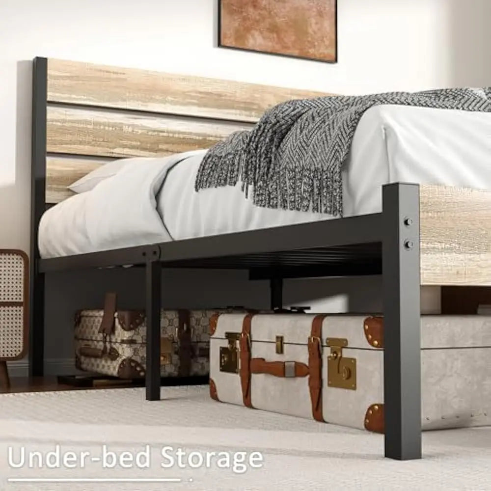 14 Inch Queen Size Bed Frame w/Wood Headboard and Foot board, Platform Mattress Foundation, No Box Spring Needed, Easy Assembly