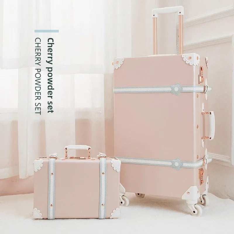 Vintage Style Luggage Carry On Trolley Suitcase With 360° Wheels For Women Men In Pink 20 22 24 26 Inch Cute Retro Travel Bag