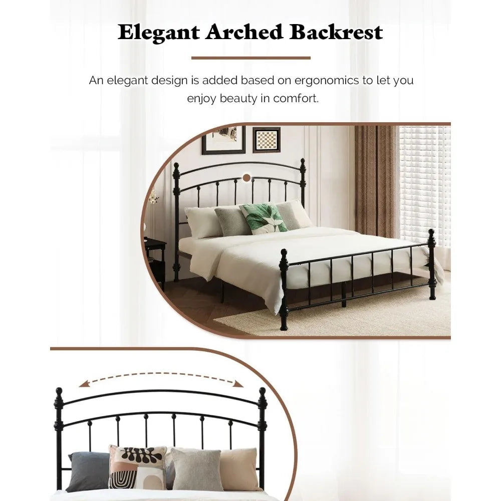 Queen Size Metal Bed Frame with Arched Headboard, Durable and Luxurious Roman Column Design, Easy Assembly