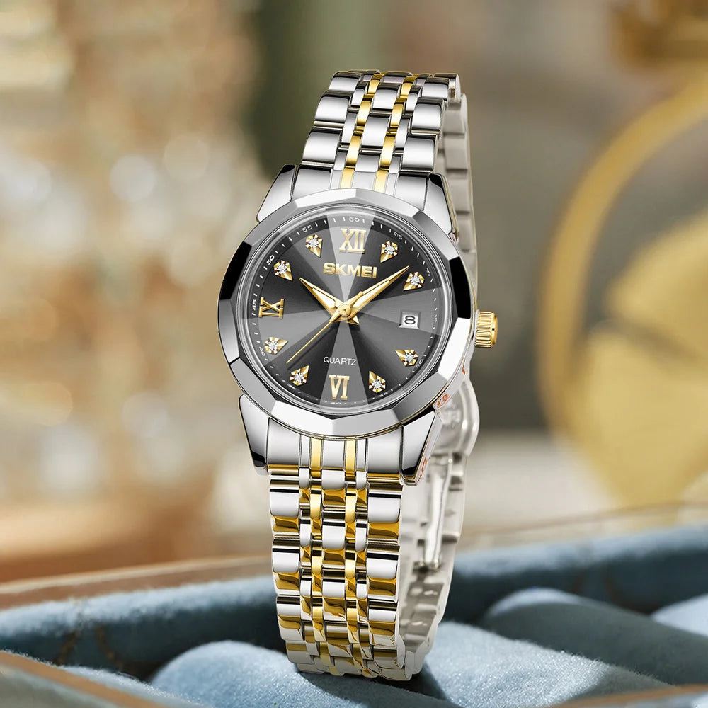 SKMEI Luxury  Quartz Wristwatch For  Women Stainless Steel Waterproof All-Steel Wristwatch Ladies Casual Week Date Waterproof