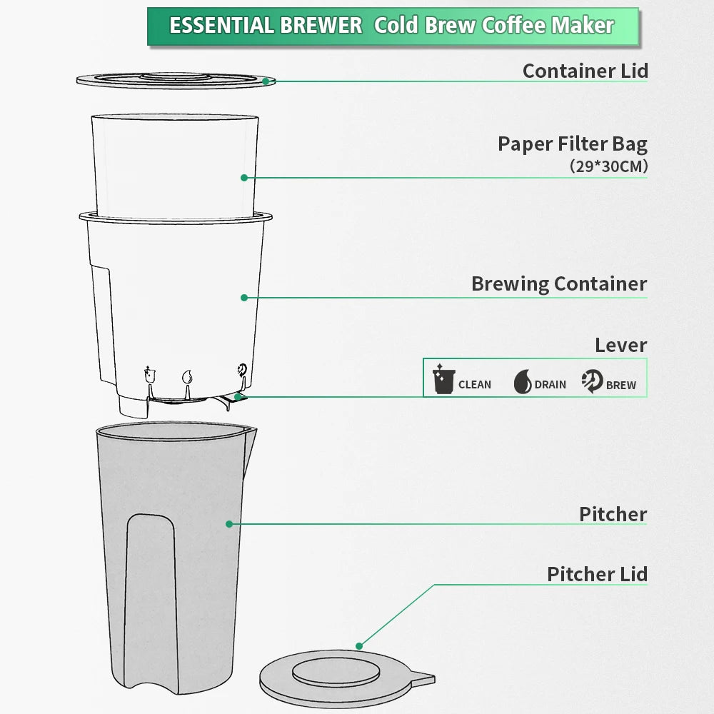 Portable Cold Brew Coffee Pot 1.9L Large Capacity Ice Drip Coffee Filter Pot Tea and Coffee Cold Brew Pot