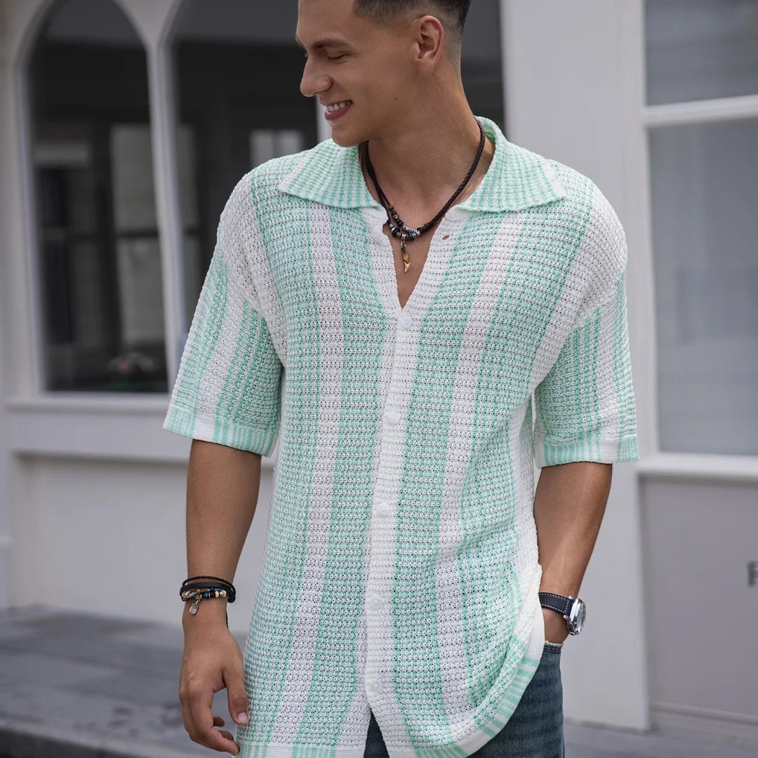 Men's Short Sleeves Summer Ice Silk Striped Brand Fashion Short-Sleeved Breathable Casual Slim Soft Tops Men US Size