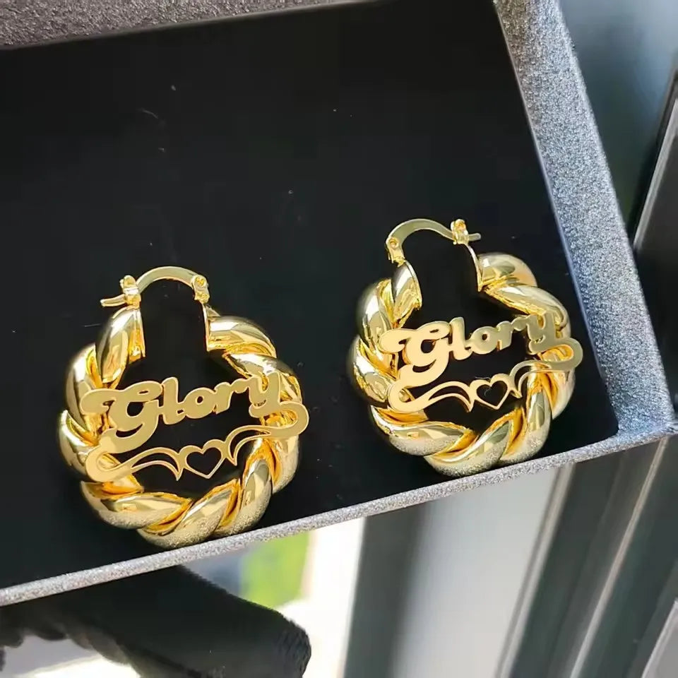 QiCai Custom Wholesale Personalized Name Heart Earrings 30mm Earrings Gold Stainless Steel Earrings Personalized Gift for Girls