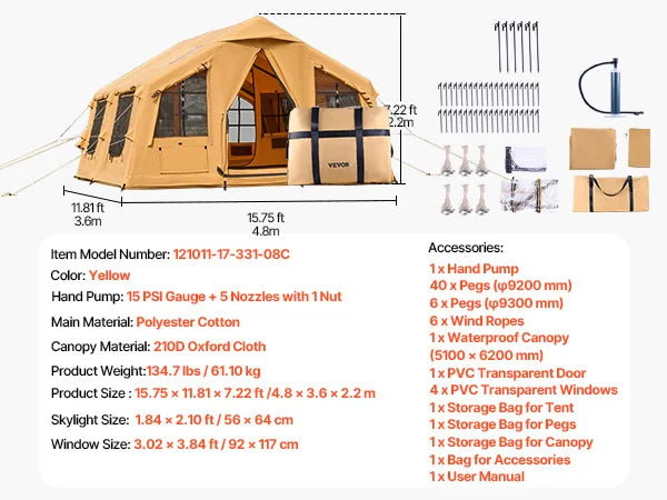 SucceBuy Inflatable Tents for Camping Easy Setup Blow up Tent with Hand Pump Glamping Tent with Skylight Stove Jack Mesh Windows