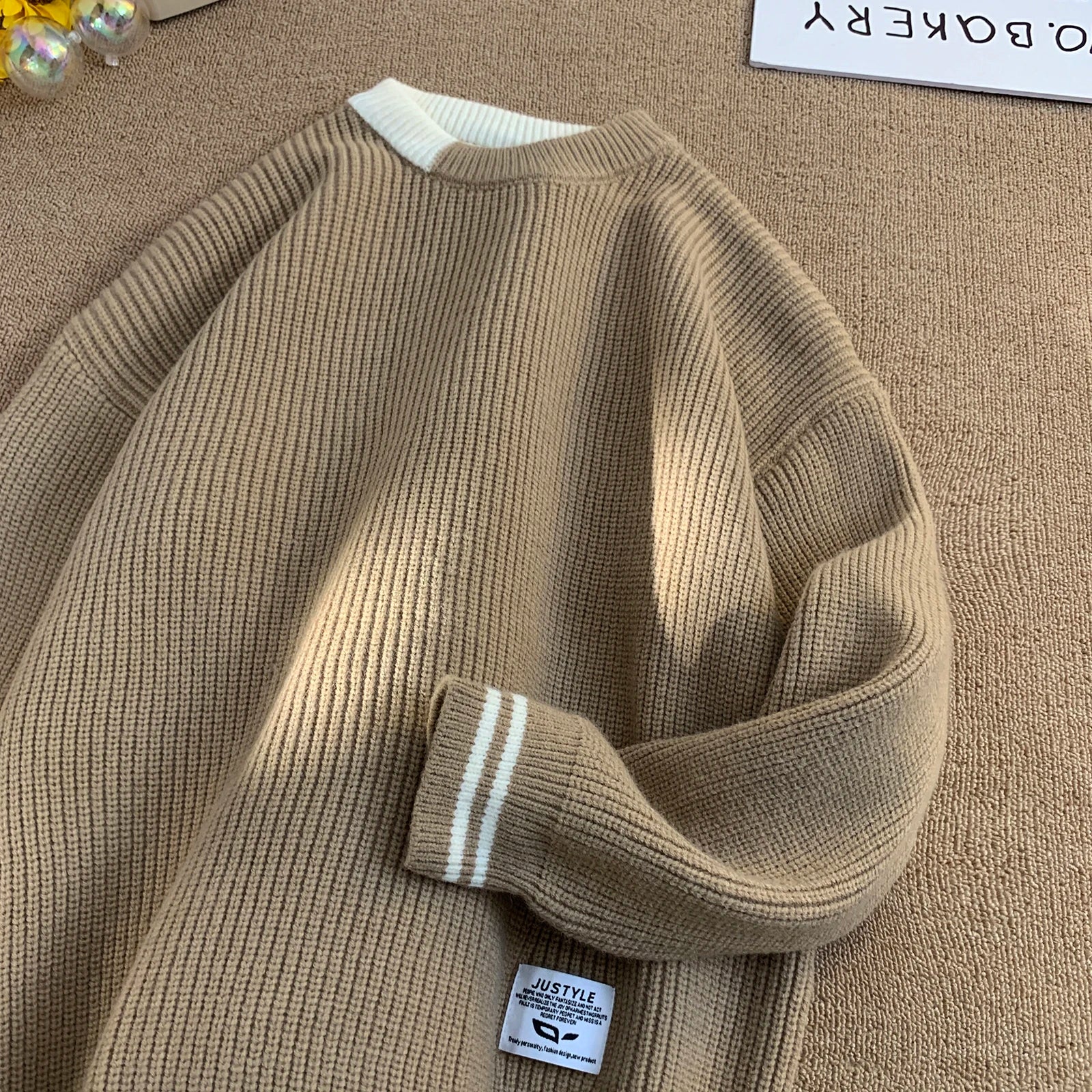 Men Retro Color Collision Twist Sweater Loose Fit Round Neck Knit Jumper Pullover Autumn Winter Casual 4 Colors Knitted Sweaters