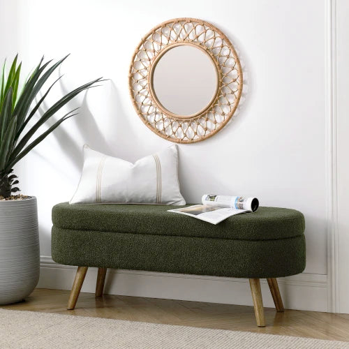 43.8" Boucle Storage Ottoman Bench, 300 Lb Capacity, Upholstered, Safety Hinge, Flip-Top Oval Foot Rest With Wood Legs