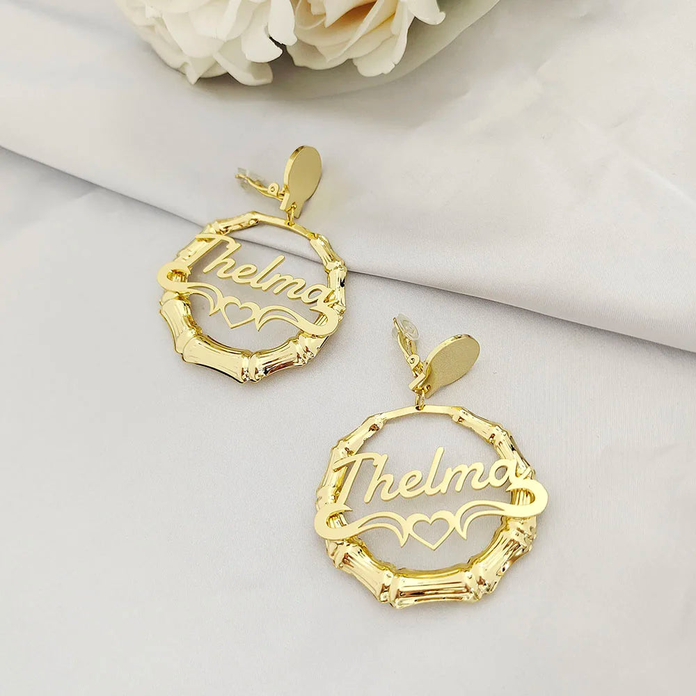 Custom Name Earrings Ear Clip Bamboo Hiphop Fashion Bamboo Circle Round Earrings Personalized Customization Letters For Women