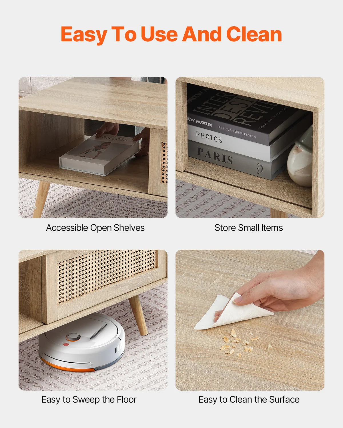 SucceBuy Rattan Coffee Table Rectangle Coffee Table 42-47in Modern Boho Style 2 Layers Storage Coffee Table for Home Bedroom