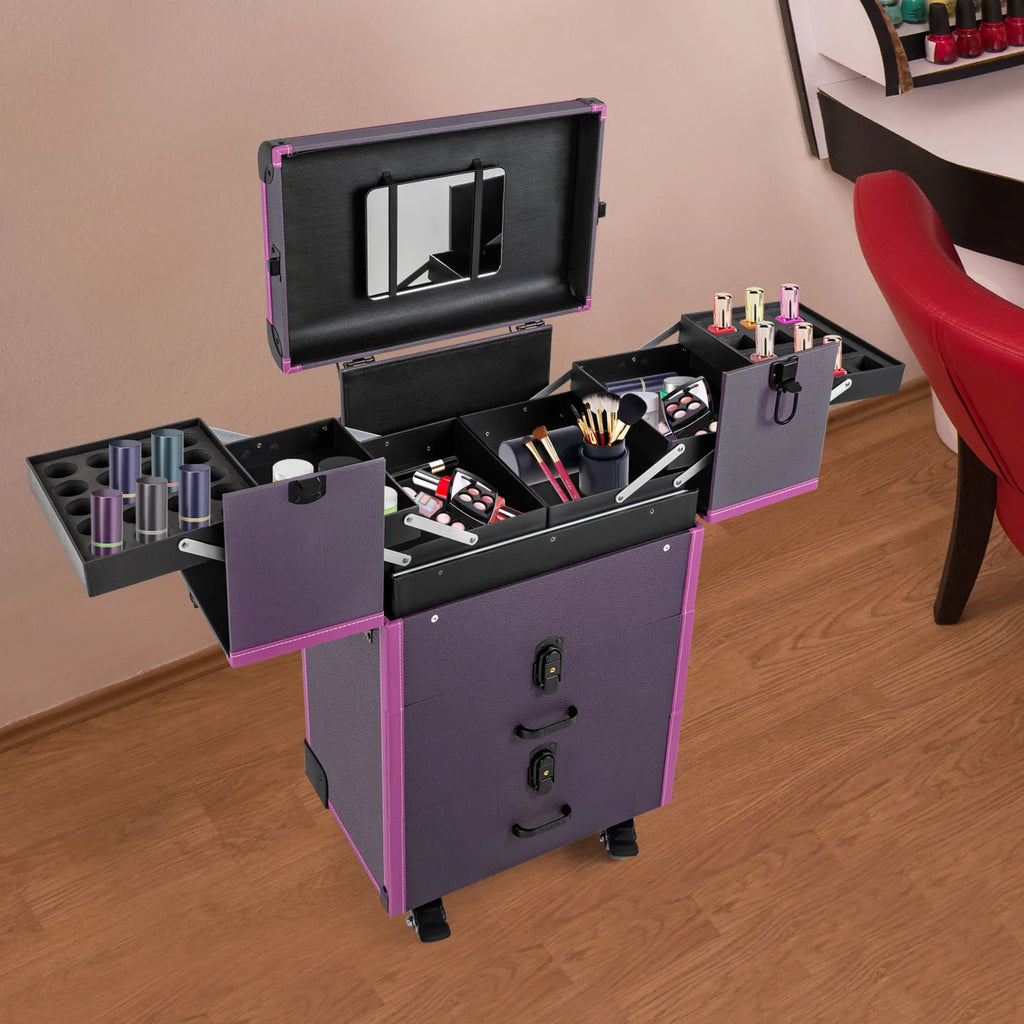 Rolling Makeup Case Lockable Portable Cosmetic Organizer Trolley Large Make up Cosmetic Organizer L14.6*D9.45*H26in (Purple)