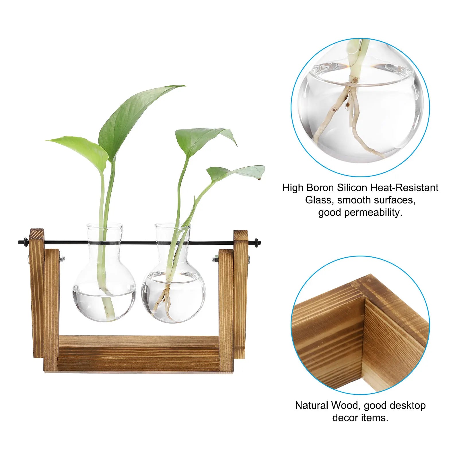 Propagation Vases with Wooden Stand, Wall Hanging Plant Vase for Hydroponics Plants Home Decor Gifts, Wood Color (3 Bulb)