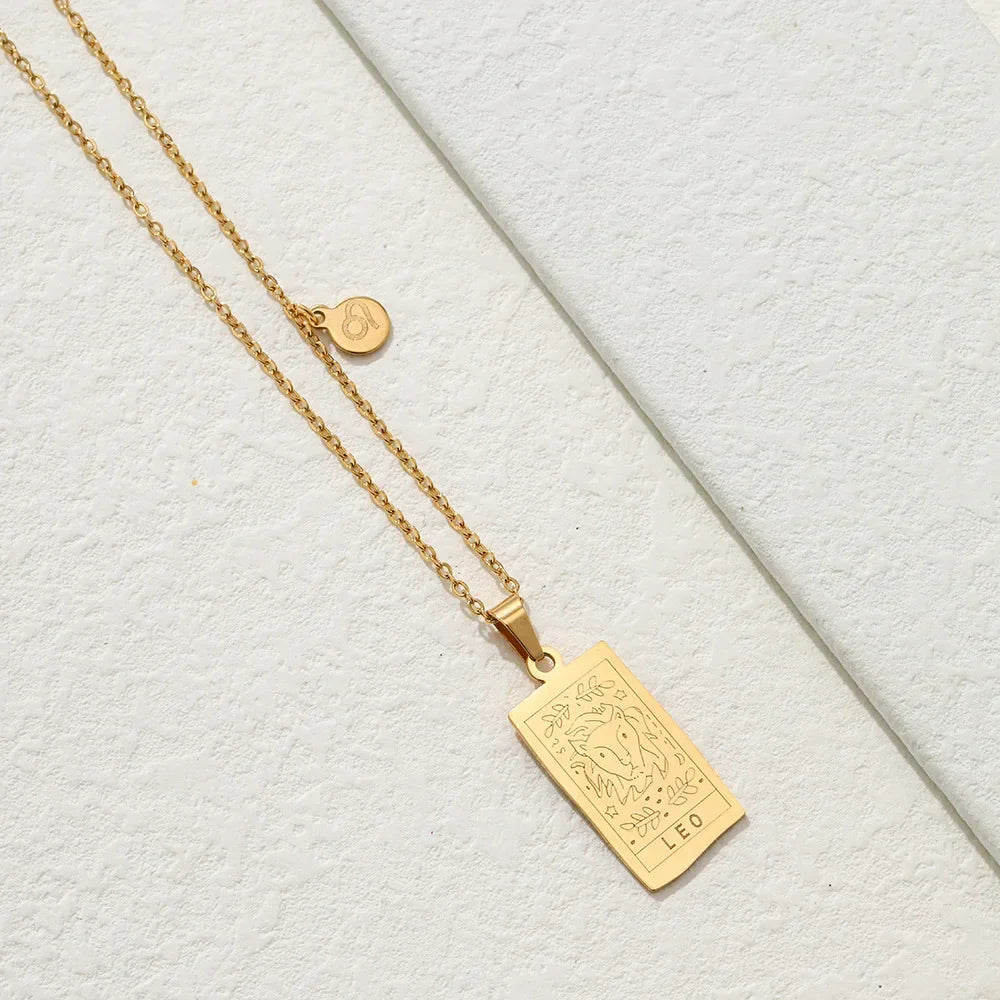 Stainless Steel Square Tarot Card Pendant Women Necklace Twelve Constellations Gold-Plated Clavicle Chain Horoscope Gifts