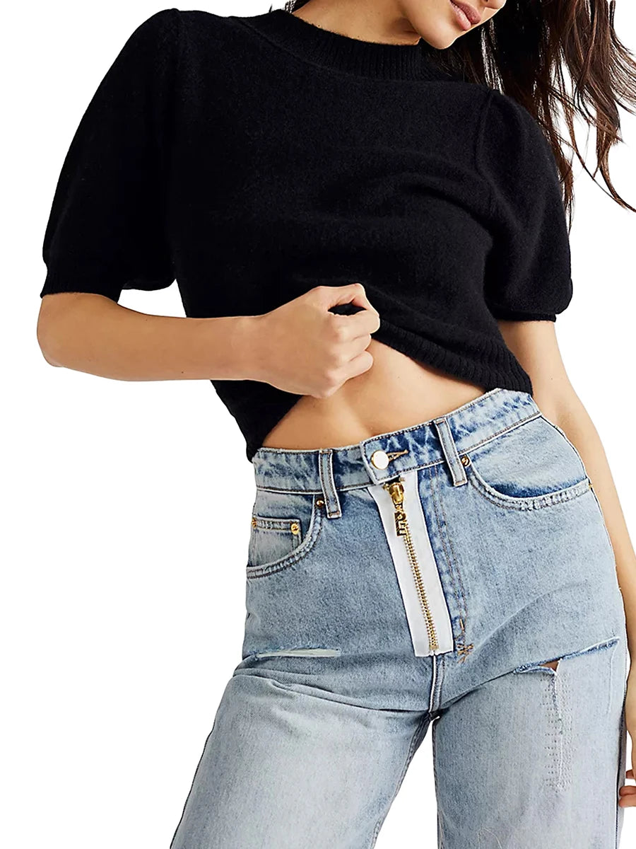 Women Knit Sweater Short Sleeve Sweater Crew Neck Solid Pullover Tops for Casual Daily