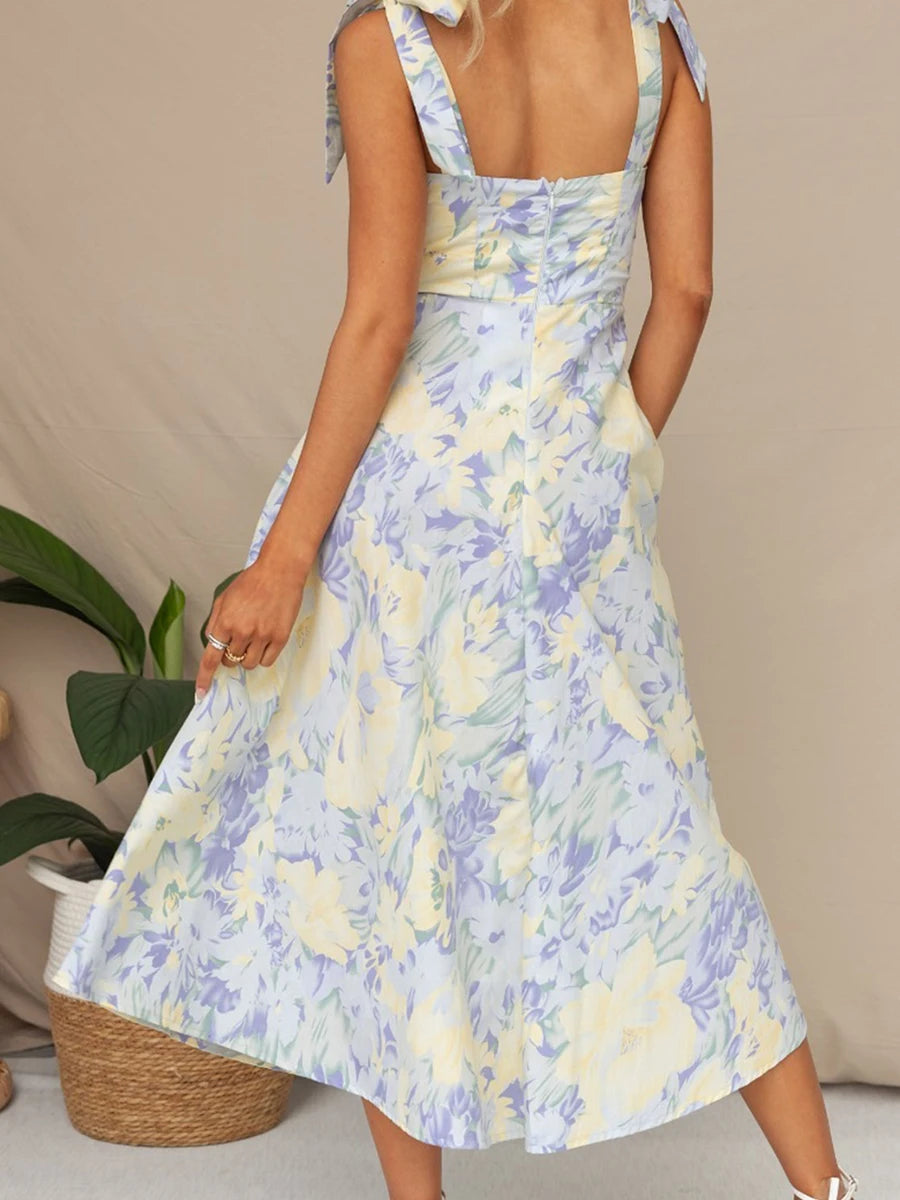 Women Sling Dress Sleeveless Low-cut Tie-up Flower Print Summer Long Dress for Cocktail Party