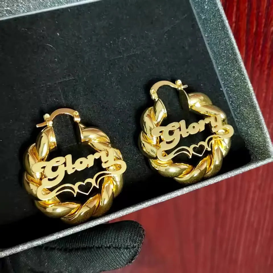 QiCai Custom Wholesale Personalized Name Heart Earrings 30mm Earrings Gold Stainless Steel Earrings Personalized Gift for Girls