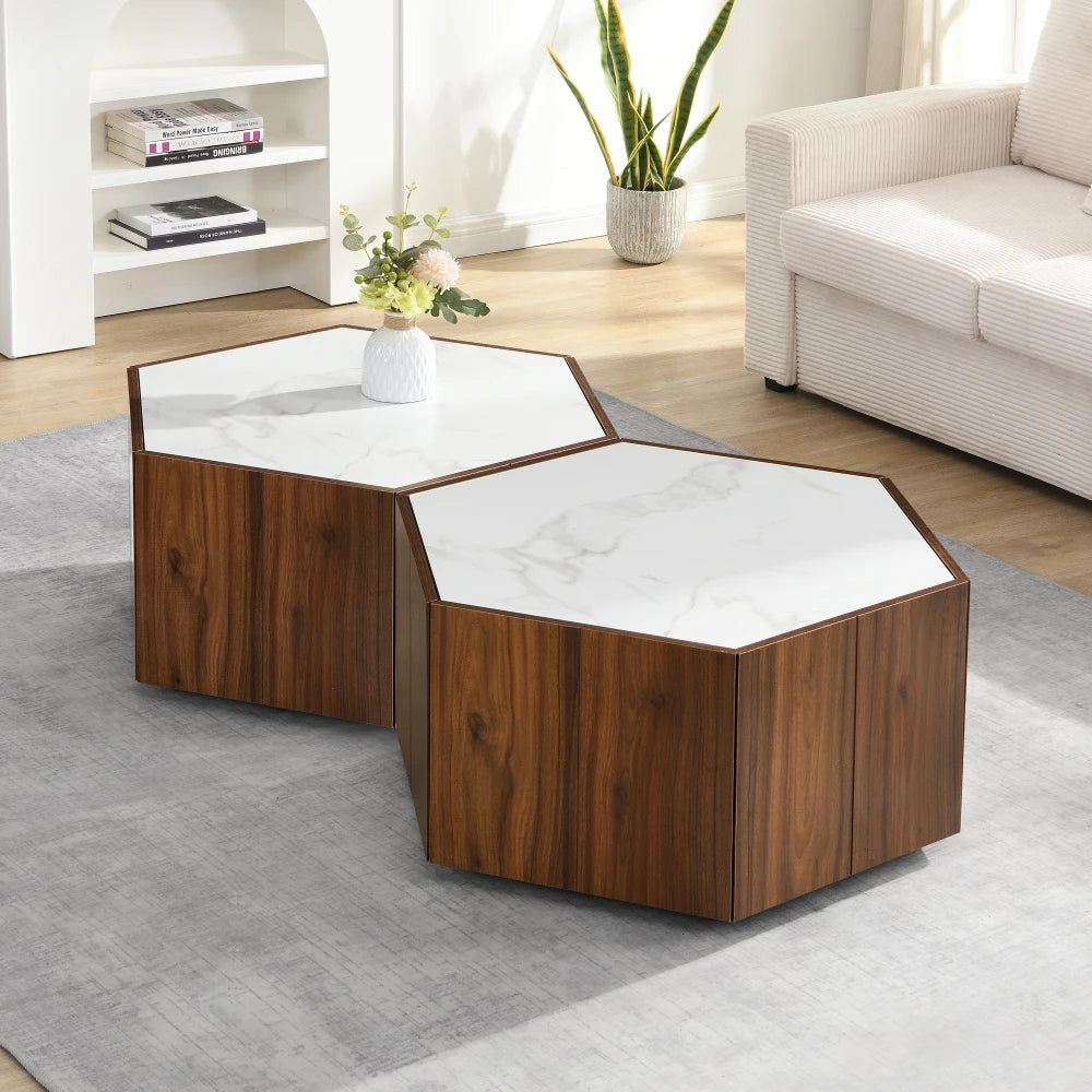 Hexagonal Rustic Retro Wood Coffee Table, with 2 Hidden Drawers, Textured Black Marble Tops, Light Brown Oak Finish,tea Table