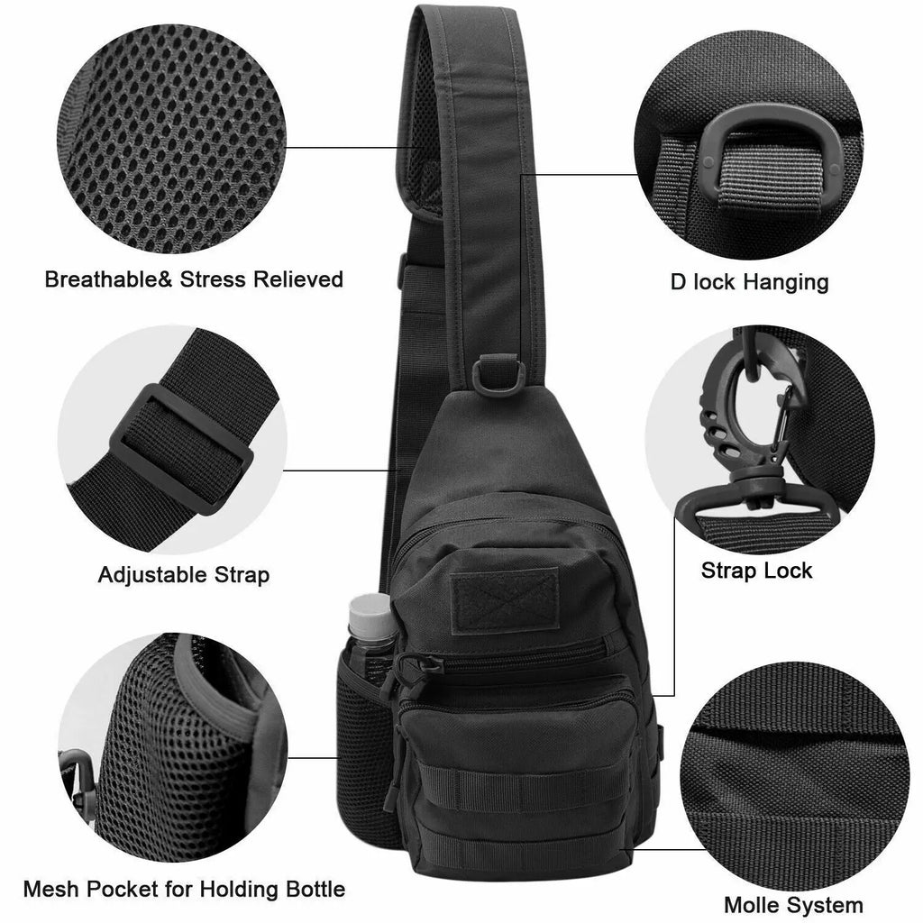 Tactical Sling Crossbody Backpack with Water Bottle Holder, MOLLE EDC Shoulder Sling Chest Bags for Travel Walk