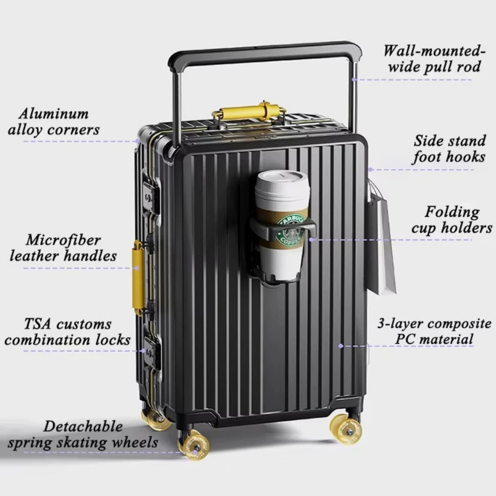Wide Handlebar Rolling Luggage Large Capacity Travel Aluminum Frame Trolley Suitcase with Colorful Silent Spinner Wheel TSA Lock