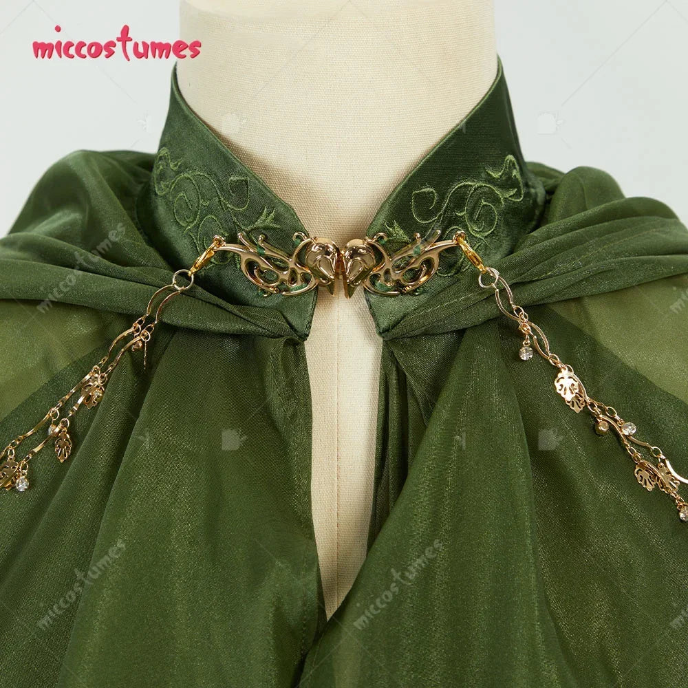 Women's Medieval Elegant Princess Elf Cosplay Costume Cloak Embroidered Satin Collar Green Cape with Hood Costume Party Dress
