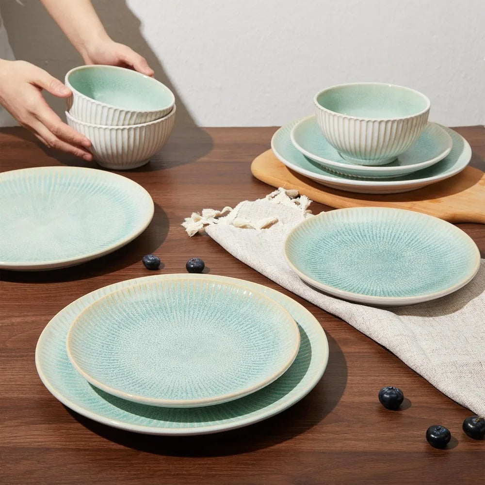 Round Reactive Glazed Stoneware Dinnerware Set, Microwave and Dishwasher Safe Ceramic Plates and Bowls Collection