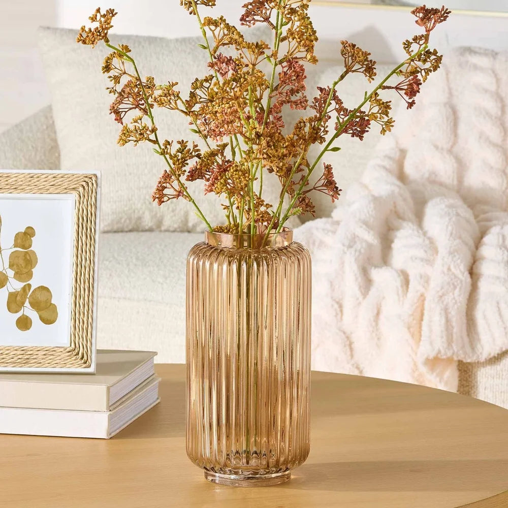 Ribbed Glass Vase Decorative Centerpiece Elegant Indoor Decoration Flower Holder Modern Home Accent 10 Inch Soft Glow