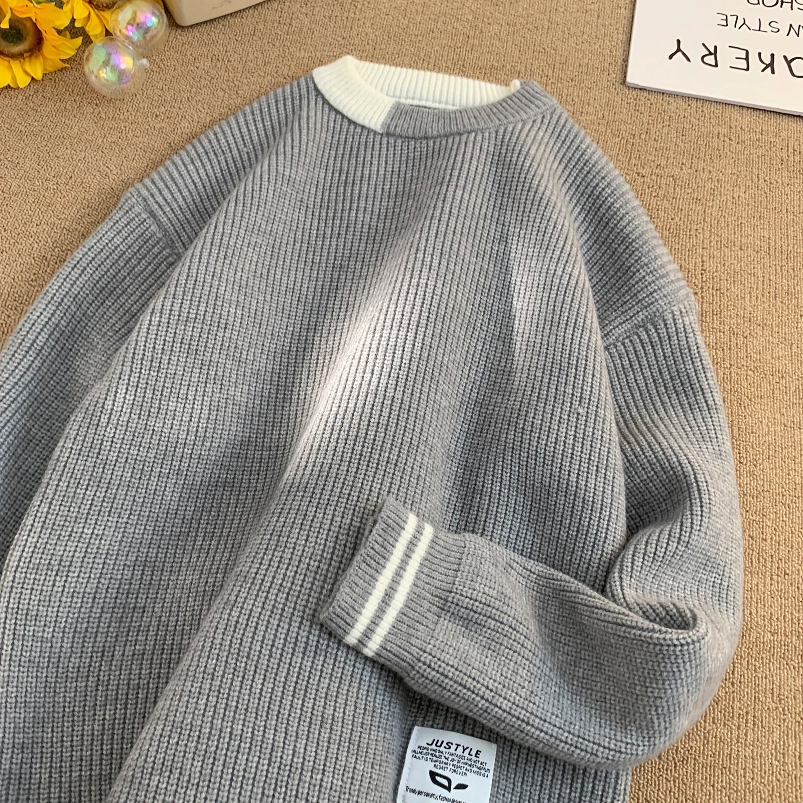 Men Retro Color Collision Twist Sweater Loose Fit Round Neck Knit Jumper Pullover Autumn Winter Casual 4 Colors Knitted Sweaters