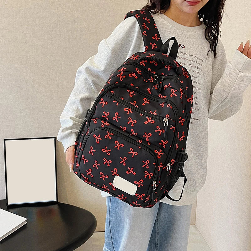 3Pcs/Set Bow Print Backpack with Crossbody Bag and Small Purse Bow Student Bookbag Cute Laptop Backpack for Teens Girls
