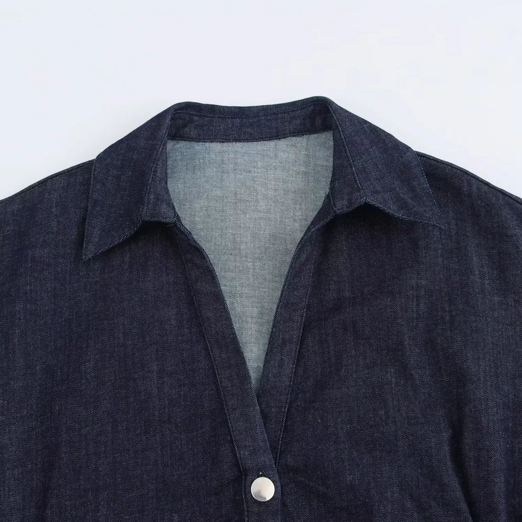 2025 traf Spring New 1975 series denim MIDI dress with lapel side zipper fashion wrinkle waist slim elegant dress