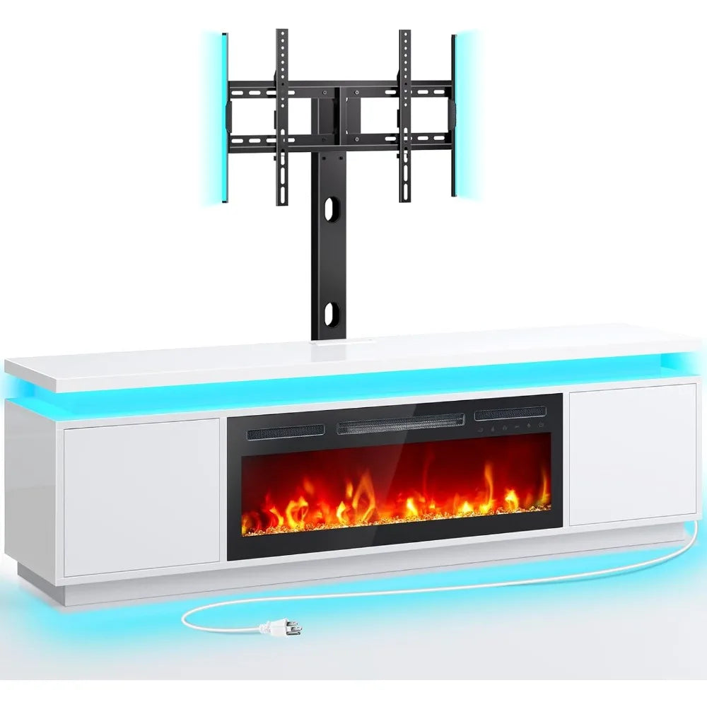 Fireplace TV Stand with Led Lights and Power Outlets, TV Stand Mount with 36" Electric Fireplace, White Entertainment Center fo