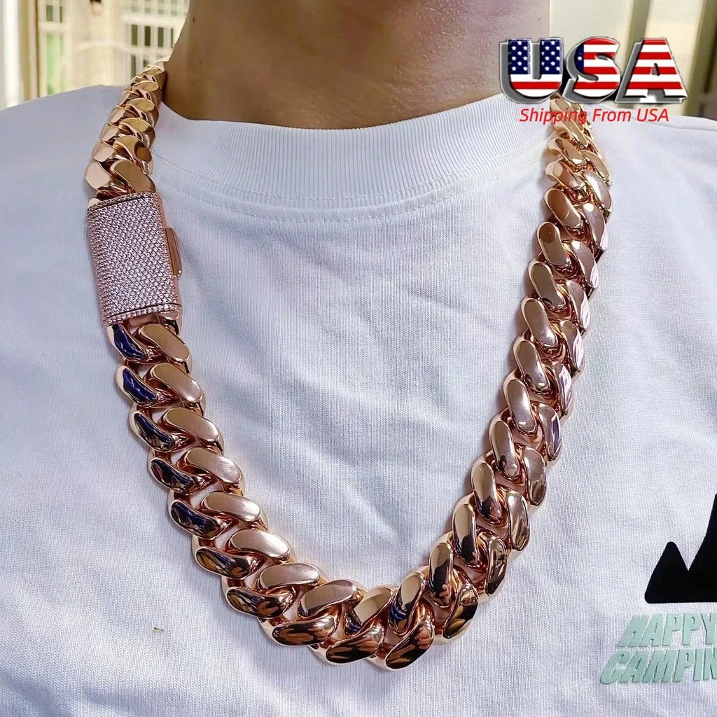 14-22mm Rose Gold  316L Stainless Steel  Cuban Miami Link Chain Iced Out CZ Box Clasp Necklace Fashion Hip Hop Unisex Jewelry
